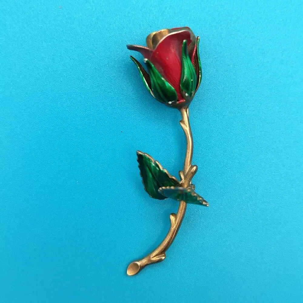 Vintage Rose Brooch Pin Red & Green Enamel Gold Tone Flower Jewelry